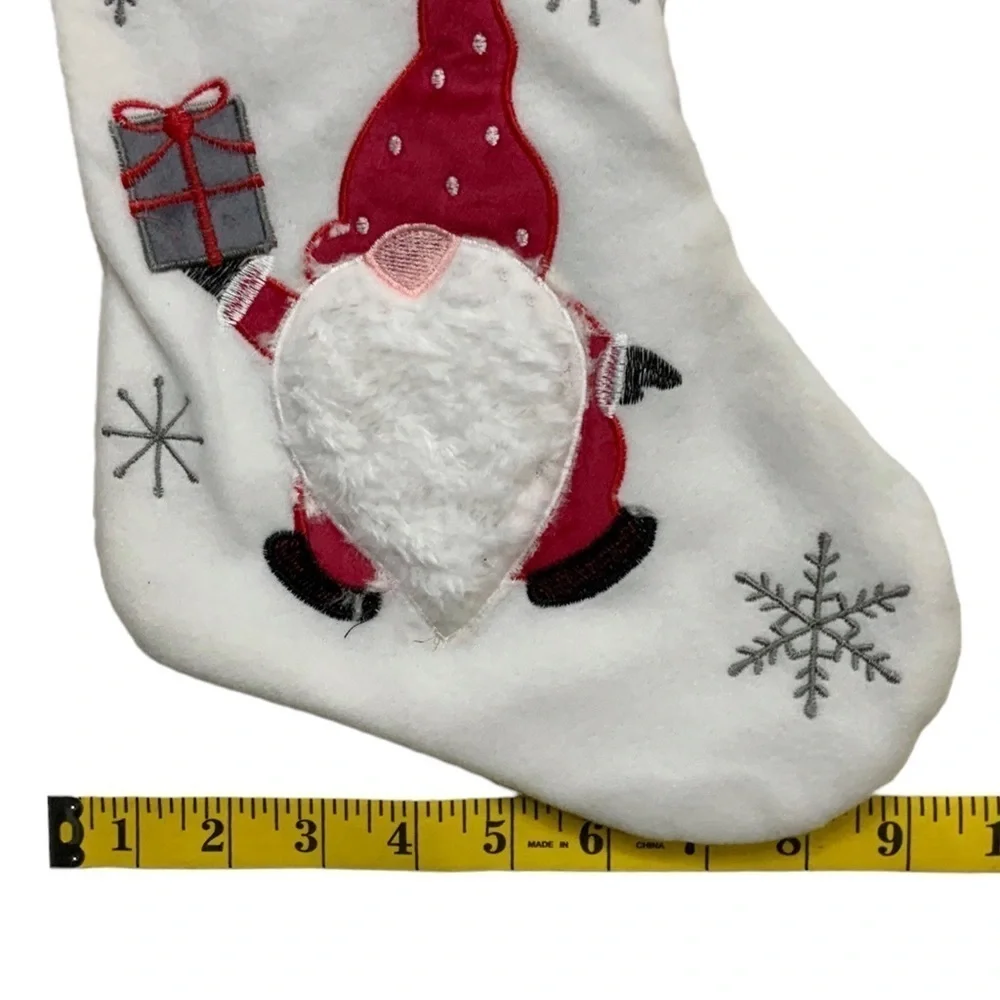 Christmas Stocking Santa Gnome Embroidery Embellishments 17 inches White Red